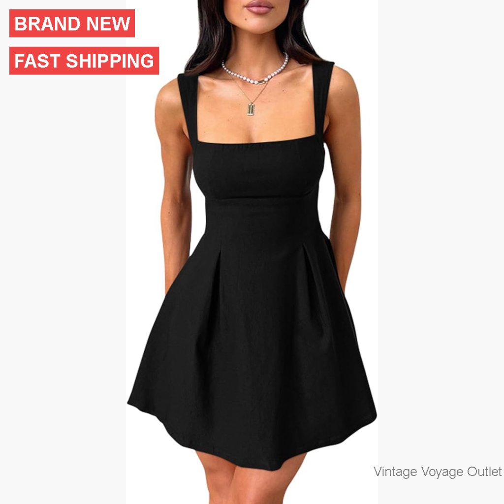 Women's Sleeveless Square Neck Mini Dress Adjustable Straps Bow Tie A-Line